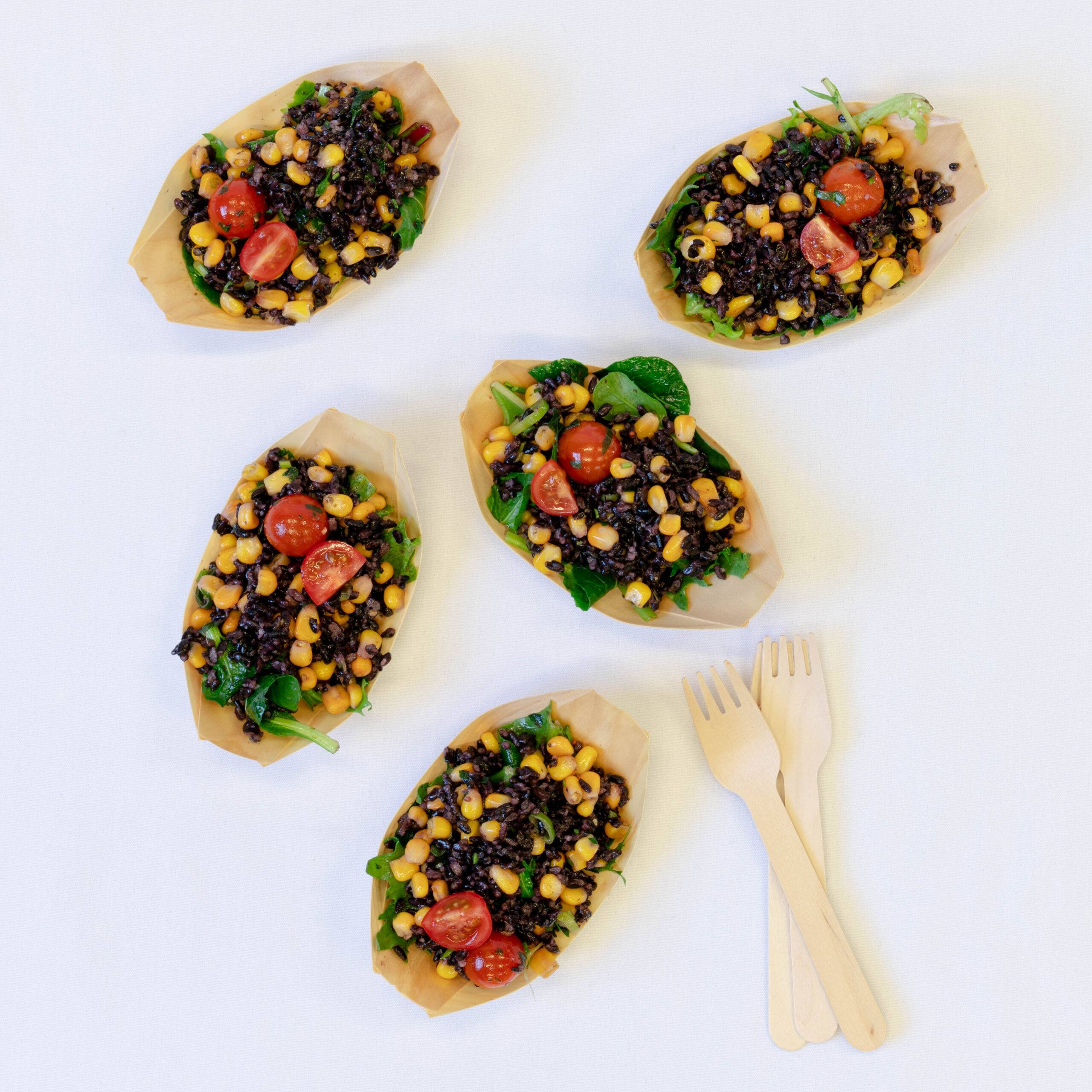 Antioxidant rich black rice, sweetcorn, cherry tomato, light lime & coriander dressing