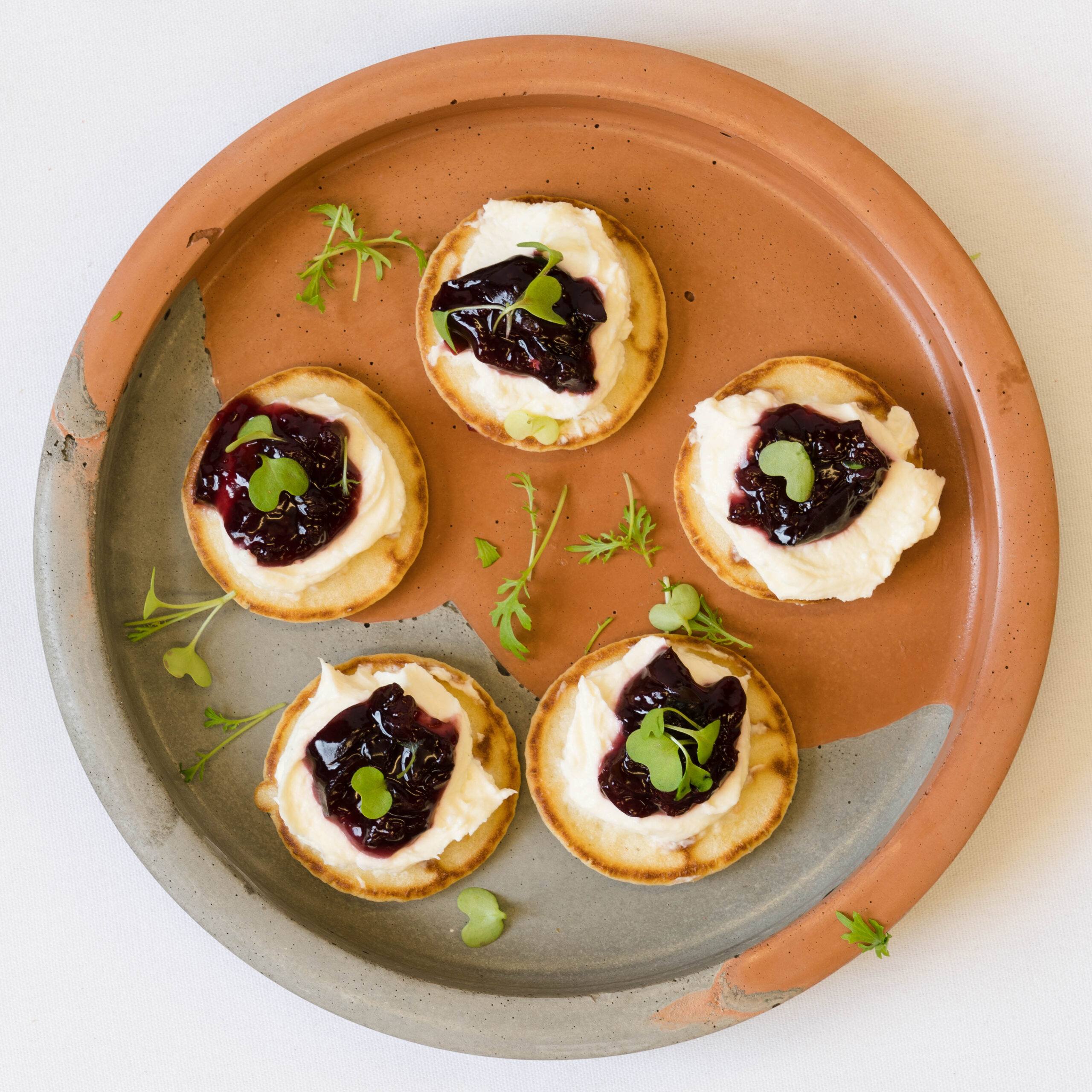 Baby blini, house made beetroot & apple relish, feta cheese mousse, locally picked herbs