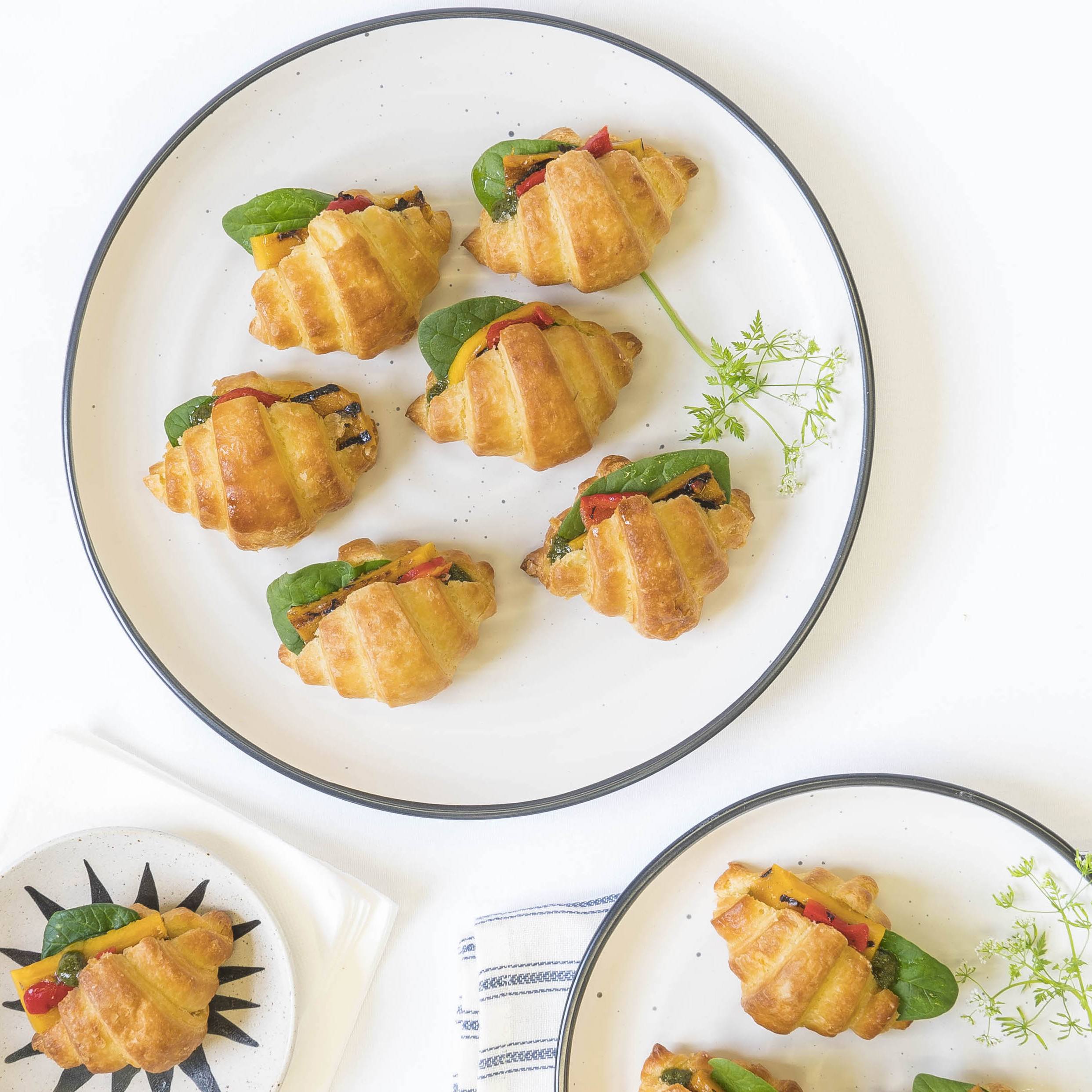 GF-Croissants-Plattered Grilled pumpkin, roasted pepper, basil “pesto” & spinach baby croissant