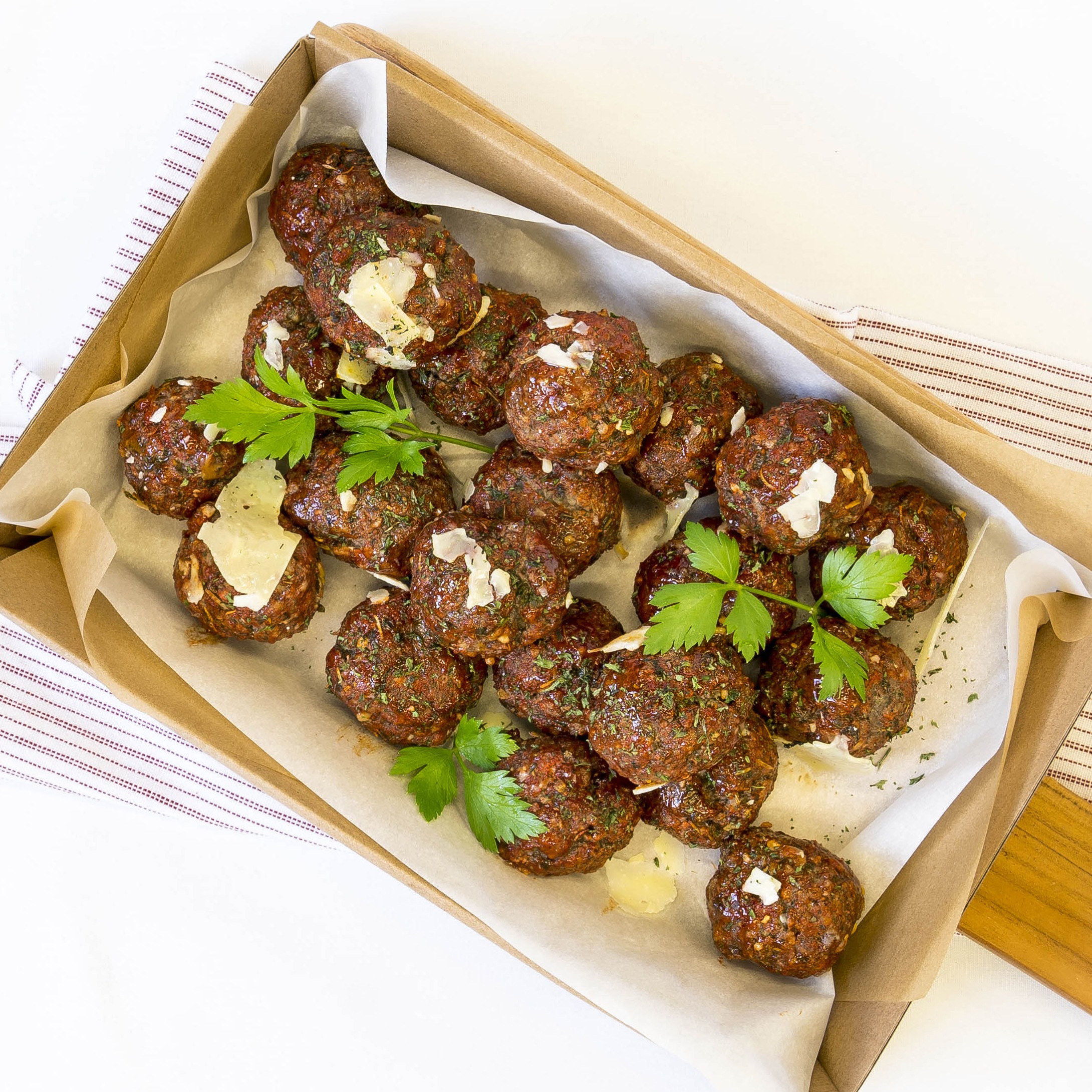 Balsamic glazed, Italian meatballs, shaved parmesan, herb dust