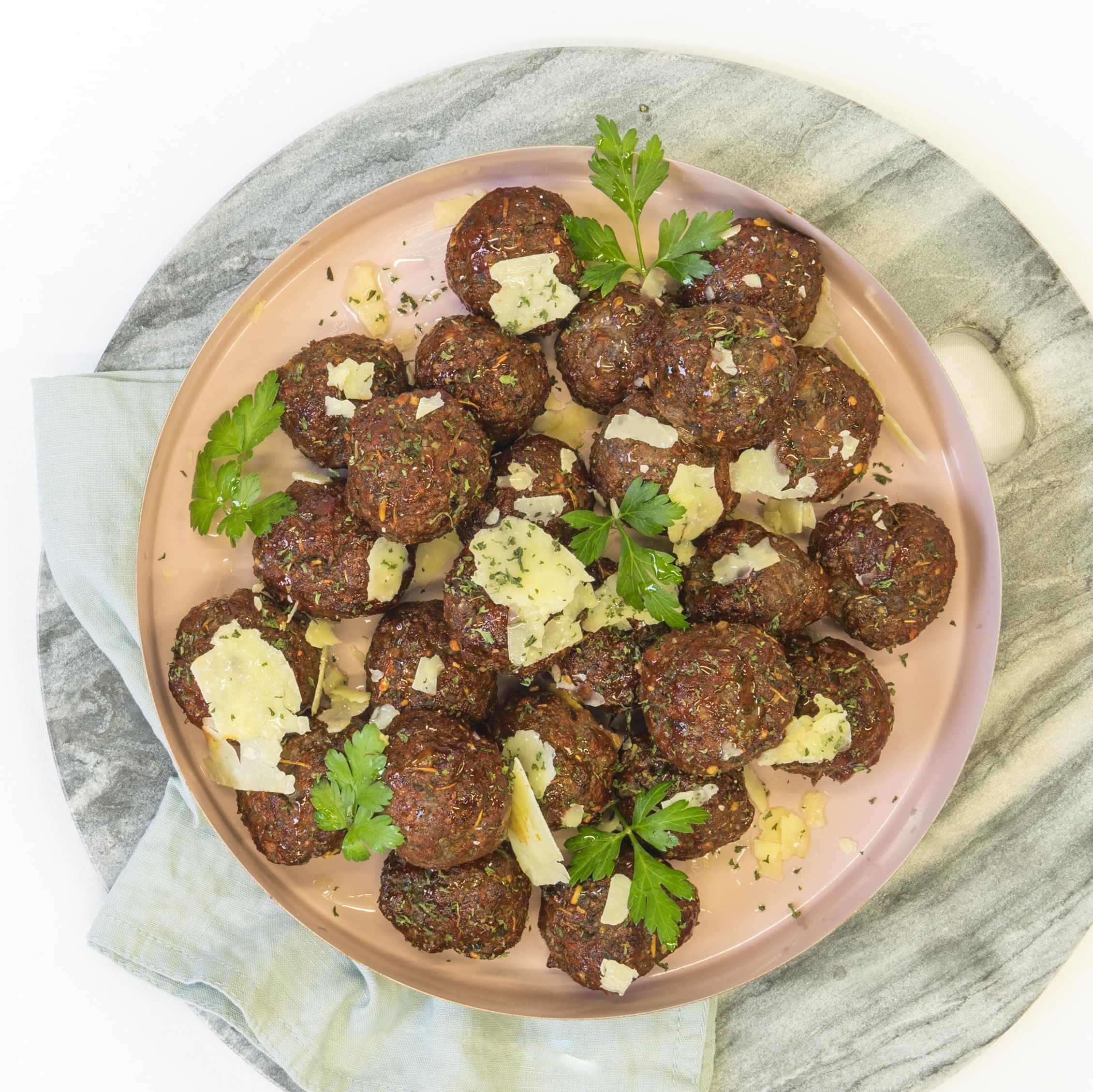 Balsamic glazed, Italian meatballs, shaved parmesan, herb dust