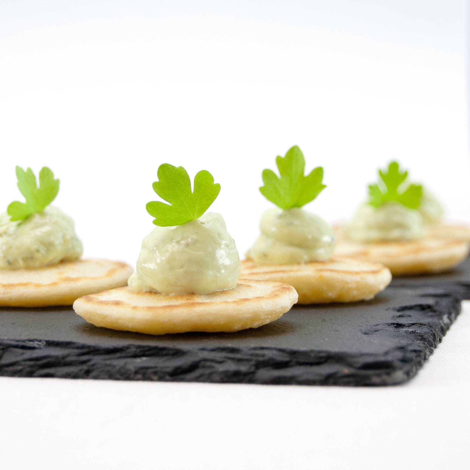 St Pats Mini Pancakes Topped with Spinach & Onion Mousse