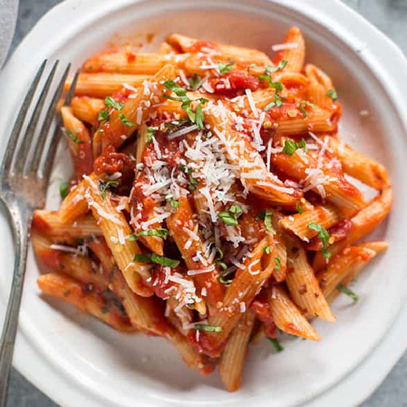 Penne pasta, roasted tomato sauce, olive, chilli & capers - Flavours ...