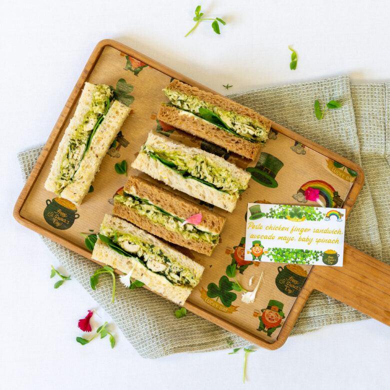Pesto chicken, avocado mayo, baby spinach finger sandwich Flavours