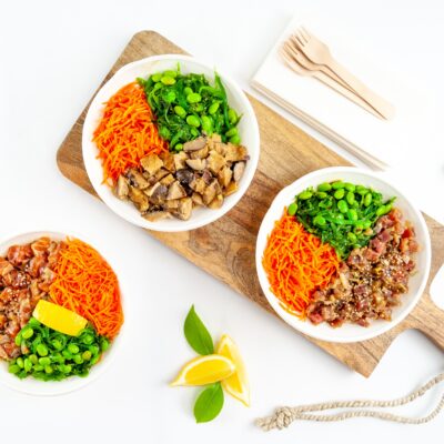 Poached chicken poke bowl