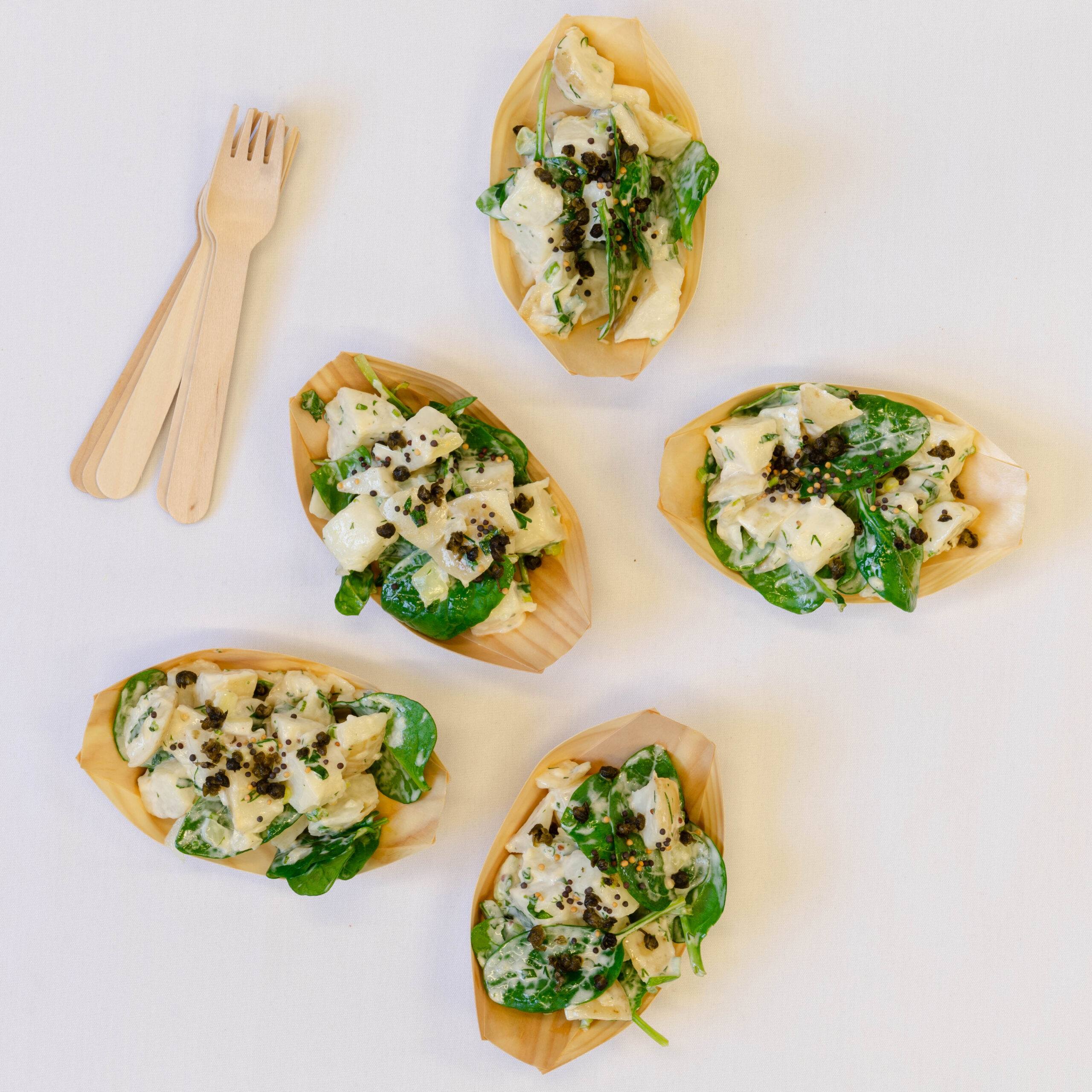 Potato-salad-boat-sq Farm fresh potato salad, baby spinach, garden herbs, fried capers
