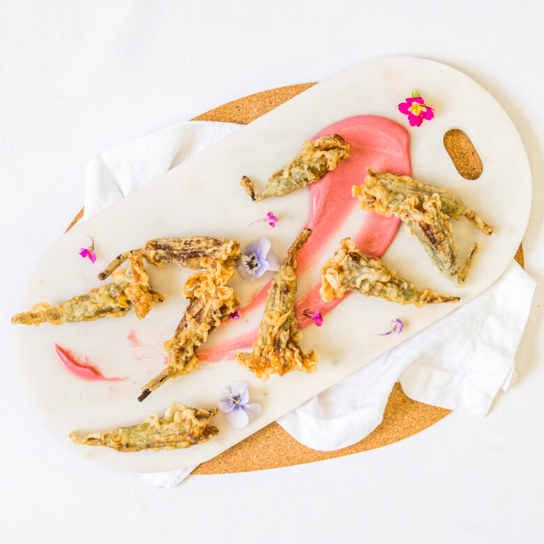 Roasted vegetable stuffed pumpkin flower, beetroot whip