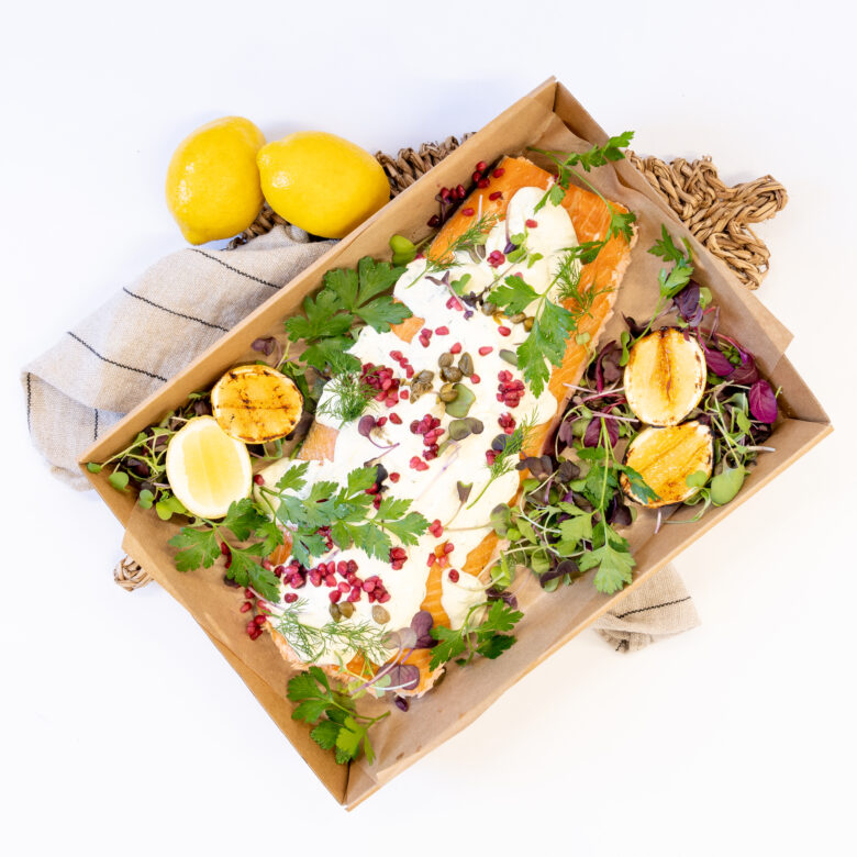 Lemon pepper and herb wood roasted salmon, creme fraiche, balsamic