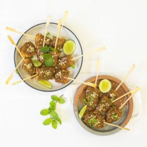 Malaysian satay chicken skewer with lime peanut sauce