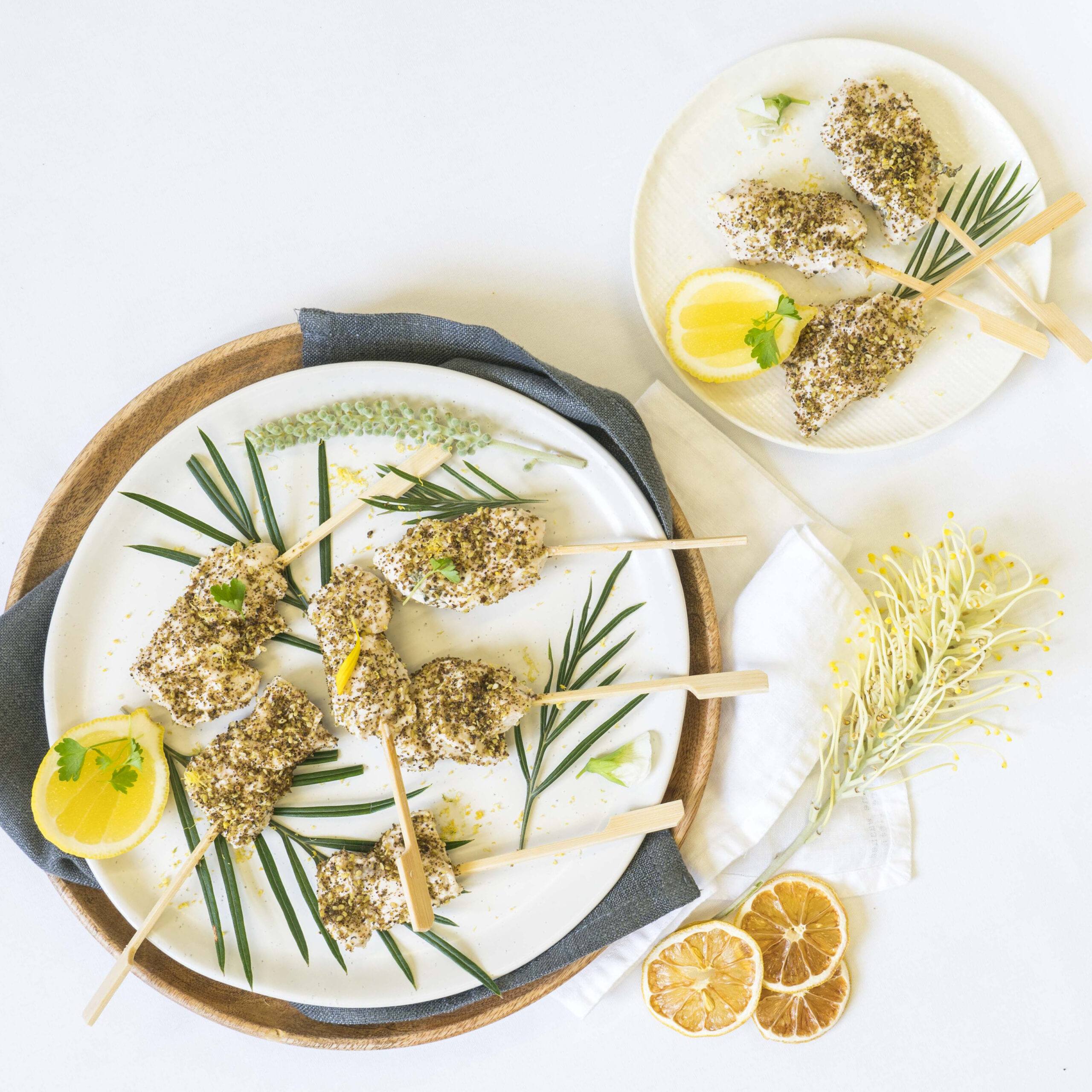 Sous vide chicken skewer, lemon myrtle, bush dukkah