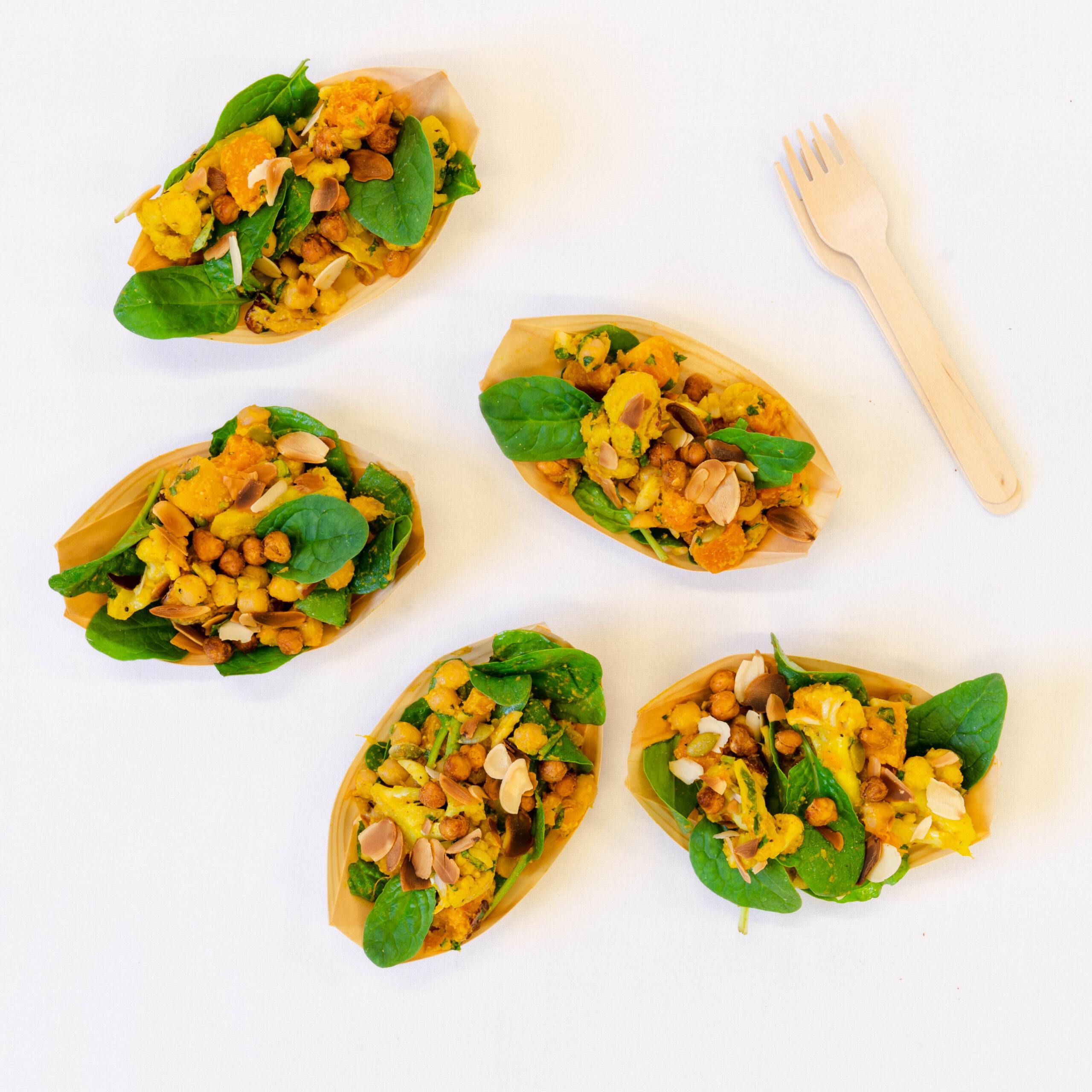 Vitamin-Rich-sq Vitamin rich, high fibre, spiced cauliflower, chickpea, pumpkin, cranberry salad, almond dressing