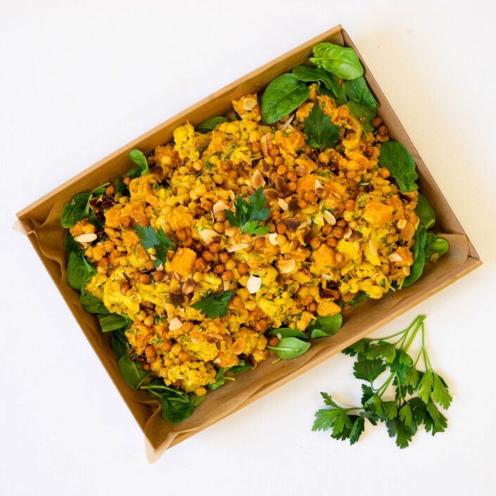Vitamin rich, high fibre, spiced cauliflower, chickpea, pumpkin, cranberry salad, almond dressing