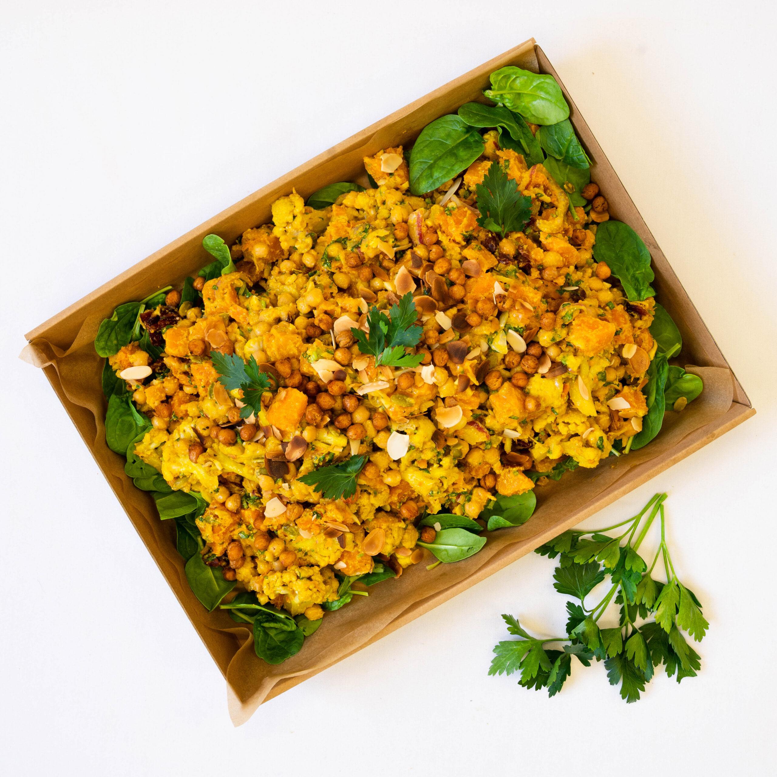 Vitamin rich, high fibre, spiced cauliflower, chickpea, pumpkin, cranberry salad, almond dressing