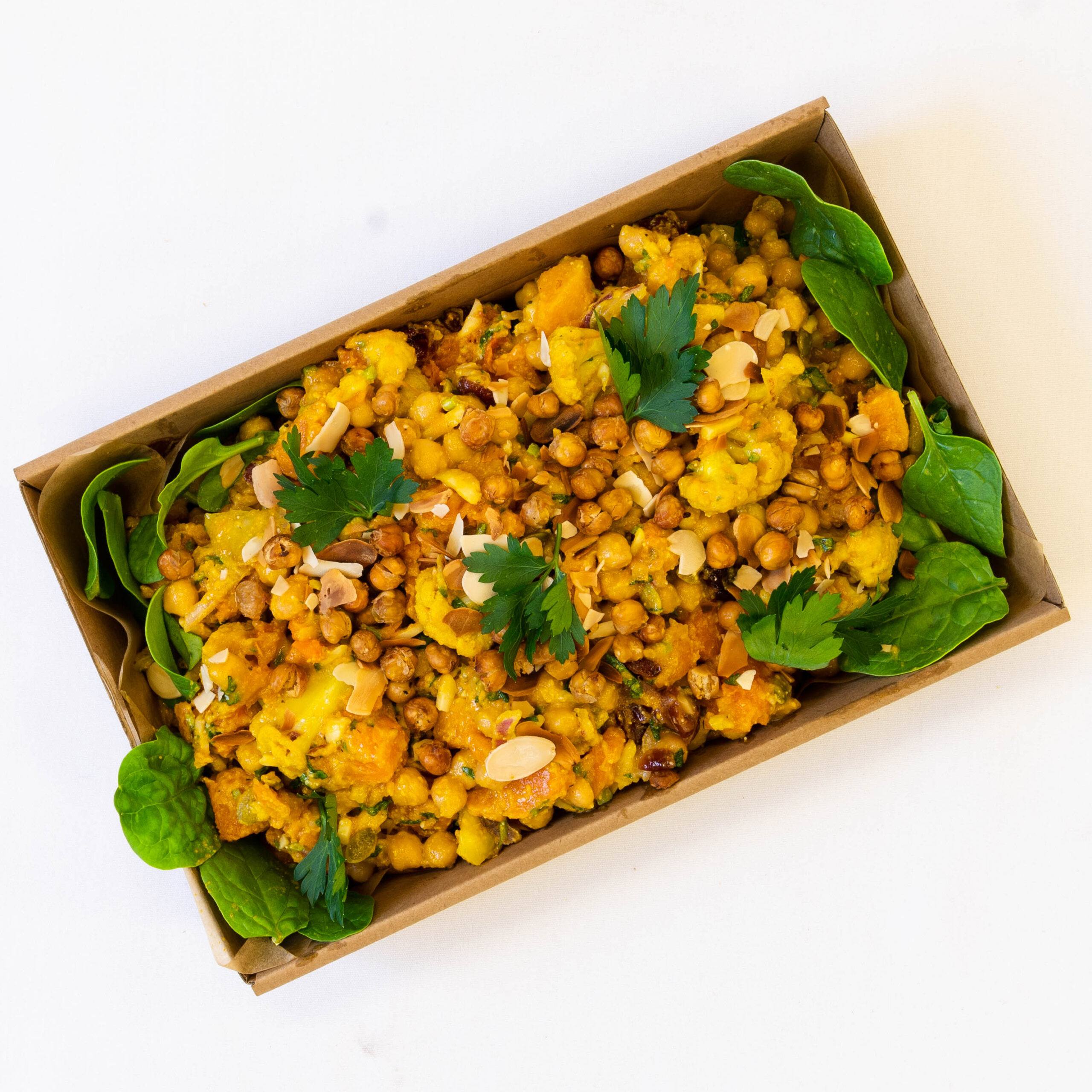 Vitamin rich, high fibre, spiced cauliflower, chickpea, pumpkin, cranberry salad, almond dressing
