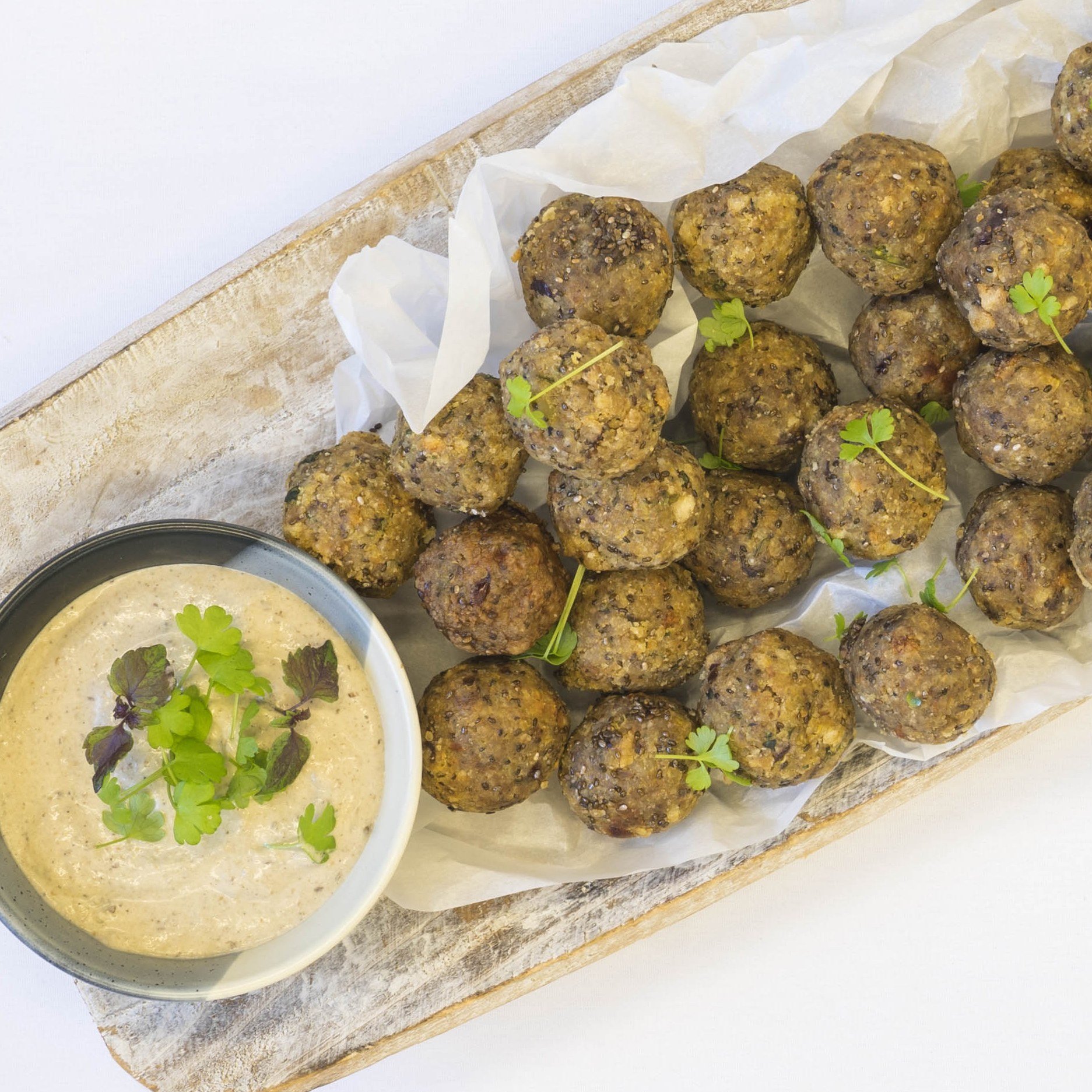 Glazed quinoa, mushroom, cranberry & walnut ‘meatballs’, smoked eggplant dipper