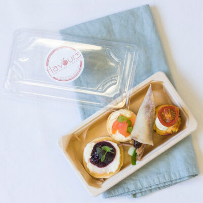 Berry blini, salmon tart, duck pancake, frittata canape pack sq