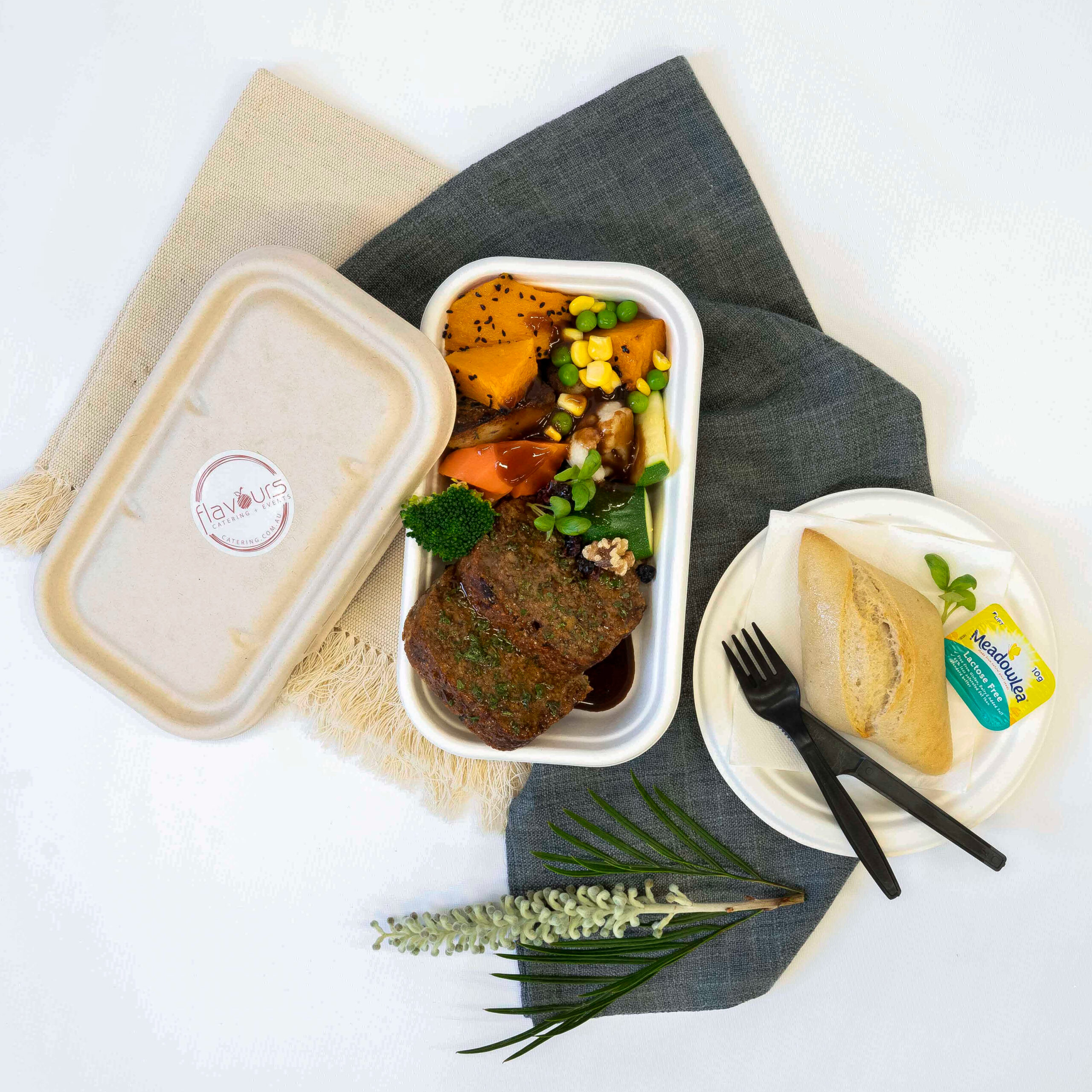 Individual vegan hot meal sq Glazed quinoa, mushroom, cranberry & walnut loaf, roasted pumpkin & vegetables