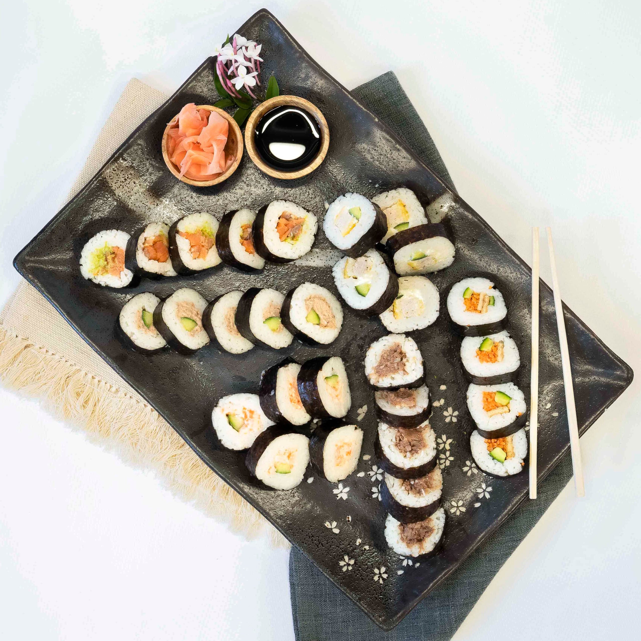 Assorted sushi, soy sauce