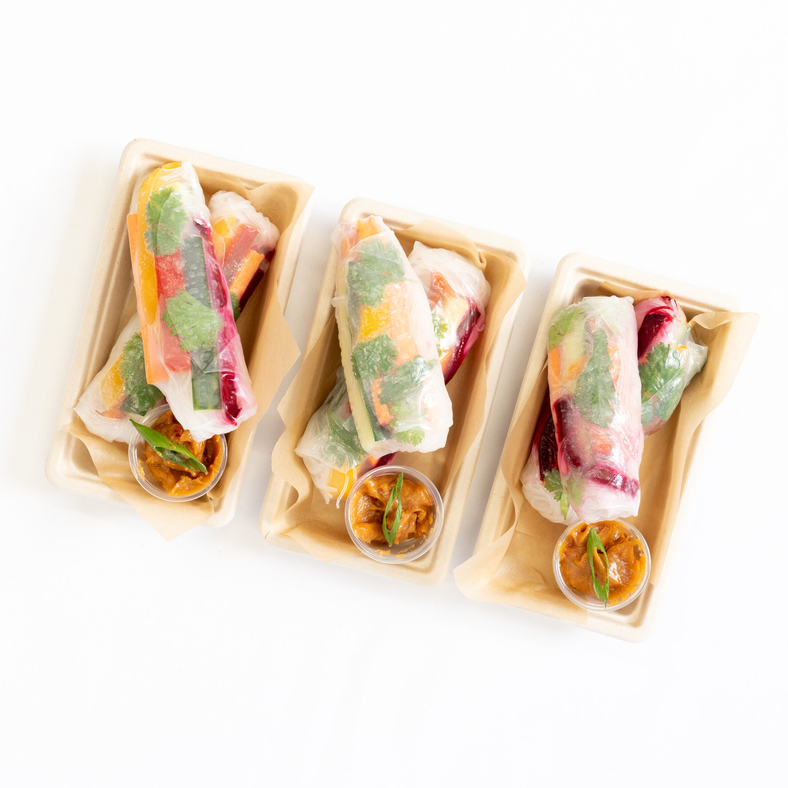 Mini rainbow rice paper rolls, peanut dipper