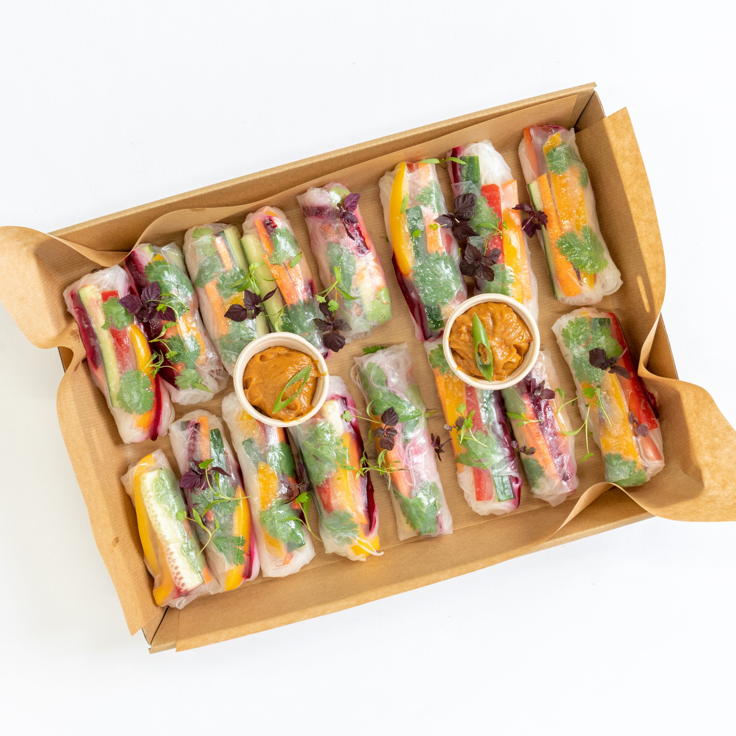 Mini rainbow rice paper rolls, peanut dipper