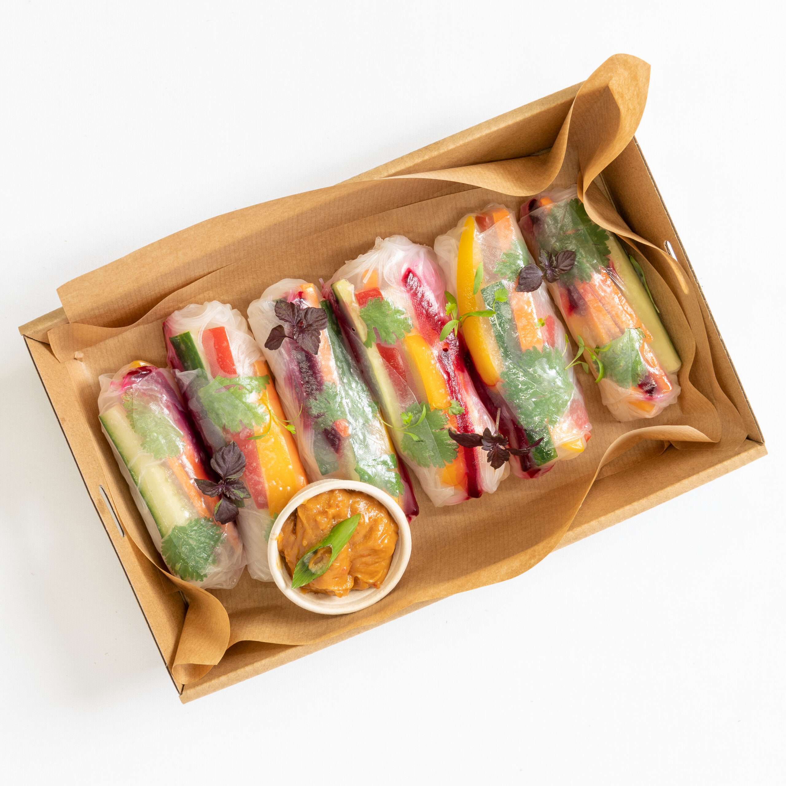 Mini rainbow rice paper rolls, peanut dipper