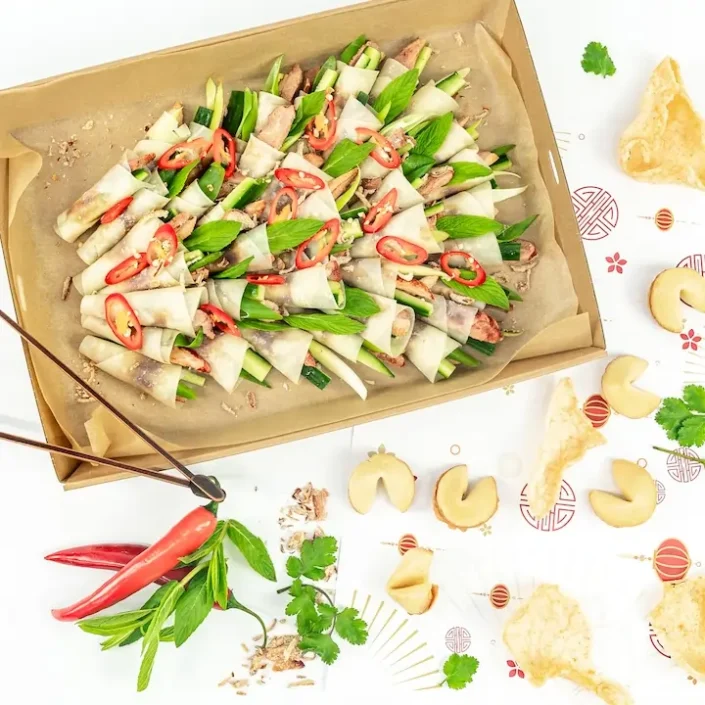 Chinese Peking duck pancake wraps, hoisin, cucumber, shallots