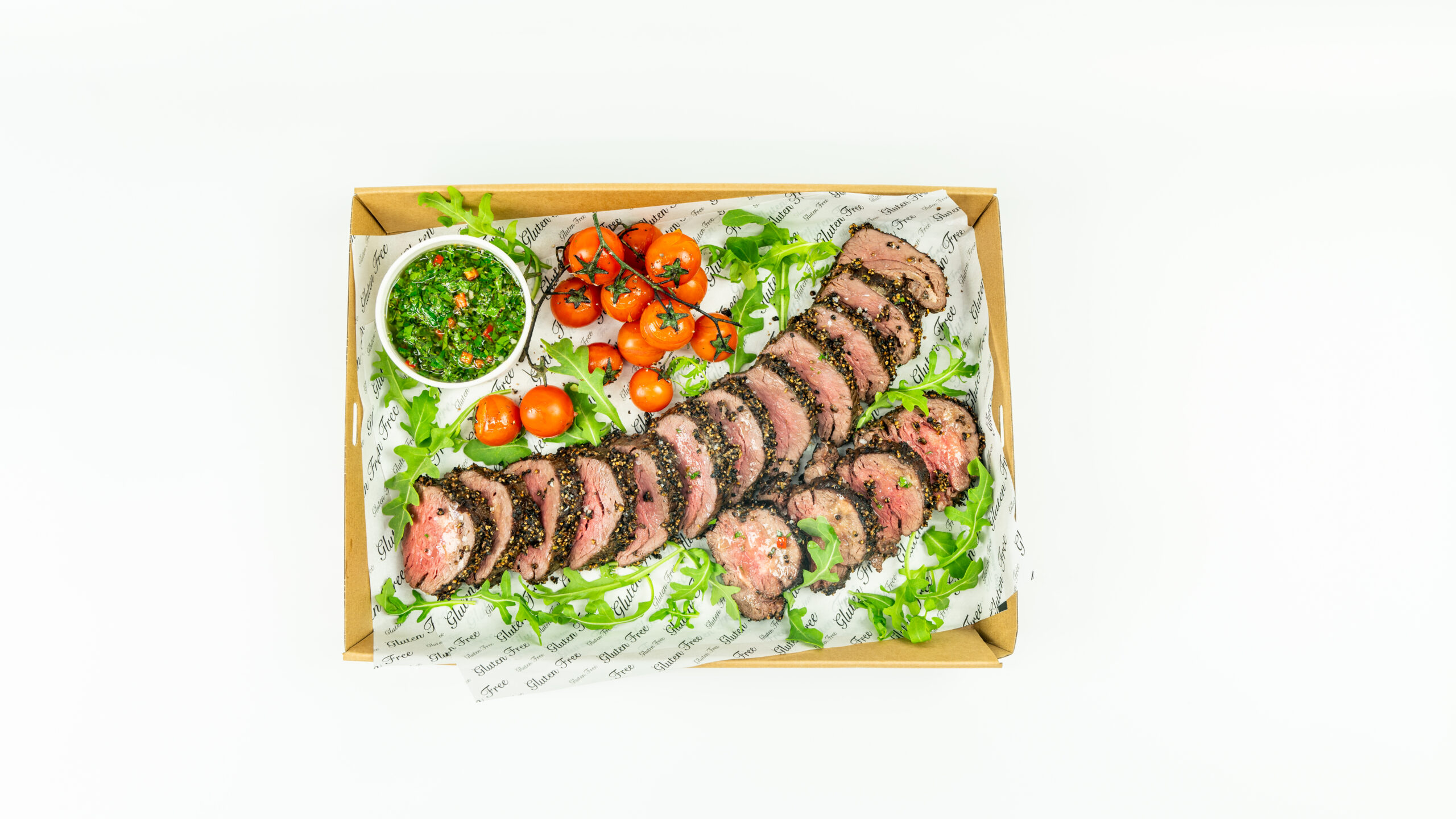 Pepper crusted, eye fillet, salsa verde, truss tomato’s served medium