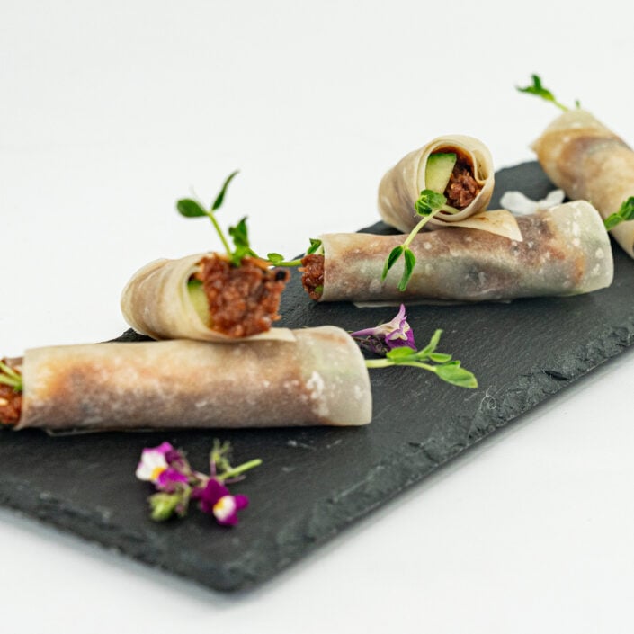 Korean beef cigar, gochujang, soy and honey glaze, cucumber, young shallot