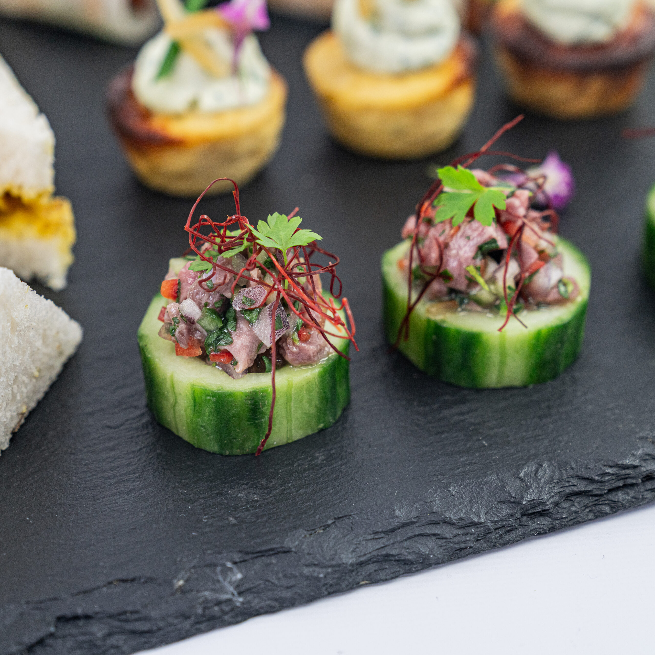 Thai beef salad cucumber disc, kaffir lime, chilli thread, crushed peanuts, baby coriander