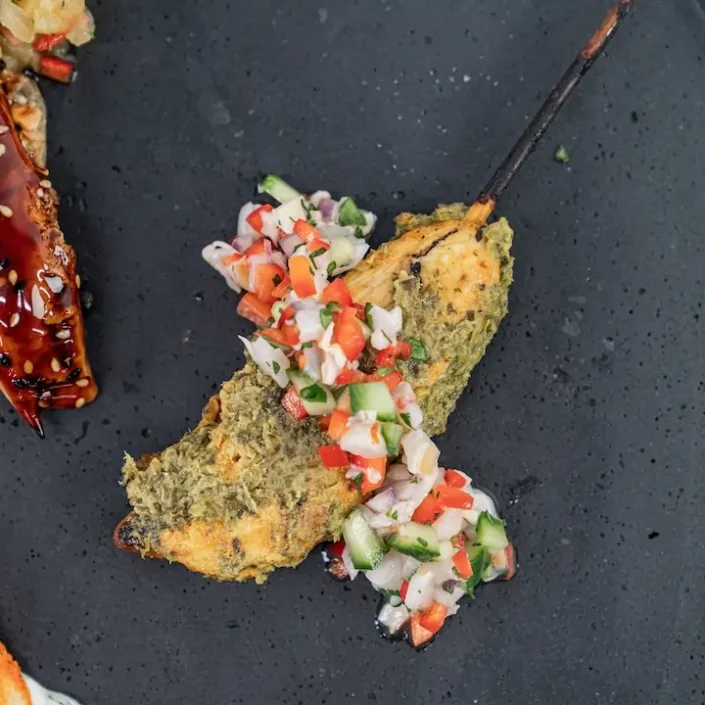 Lemongrass and green curry chicken skewer, lychee-mint sambal