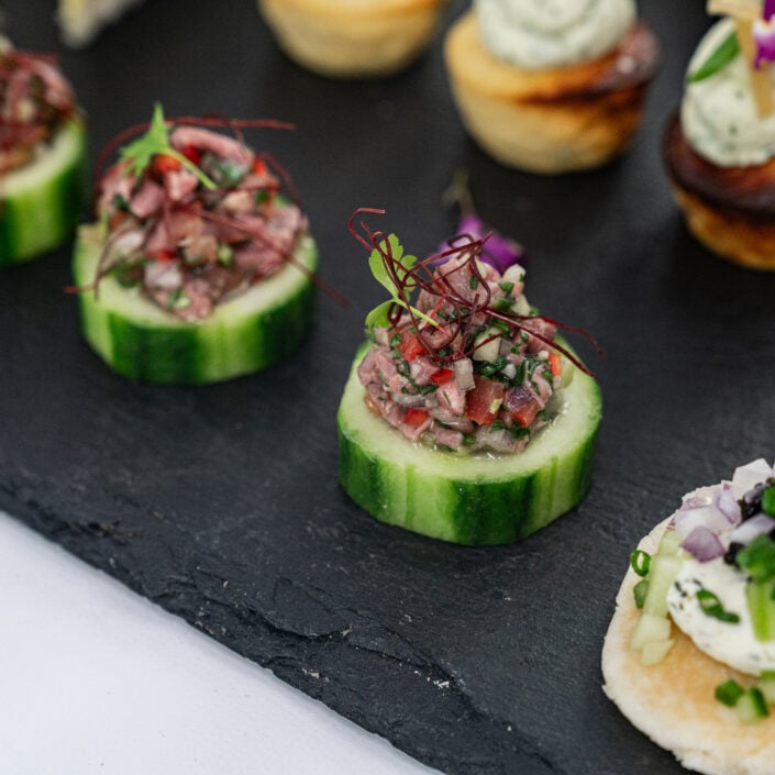 Thai beef salad cucumber disc, kaffir lime, chilli thread, crushed peanuts, baby coriander