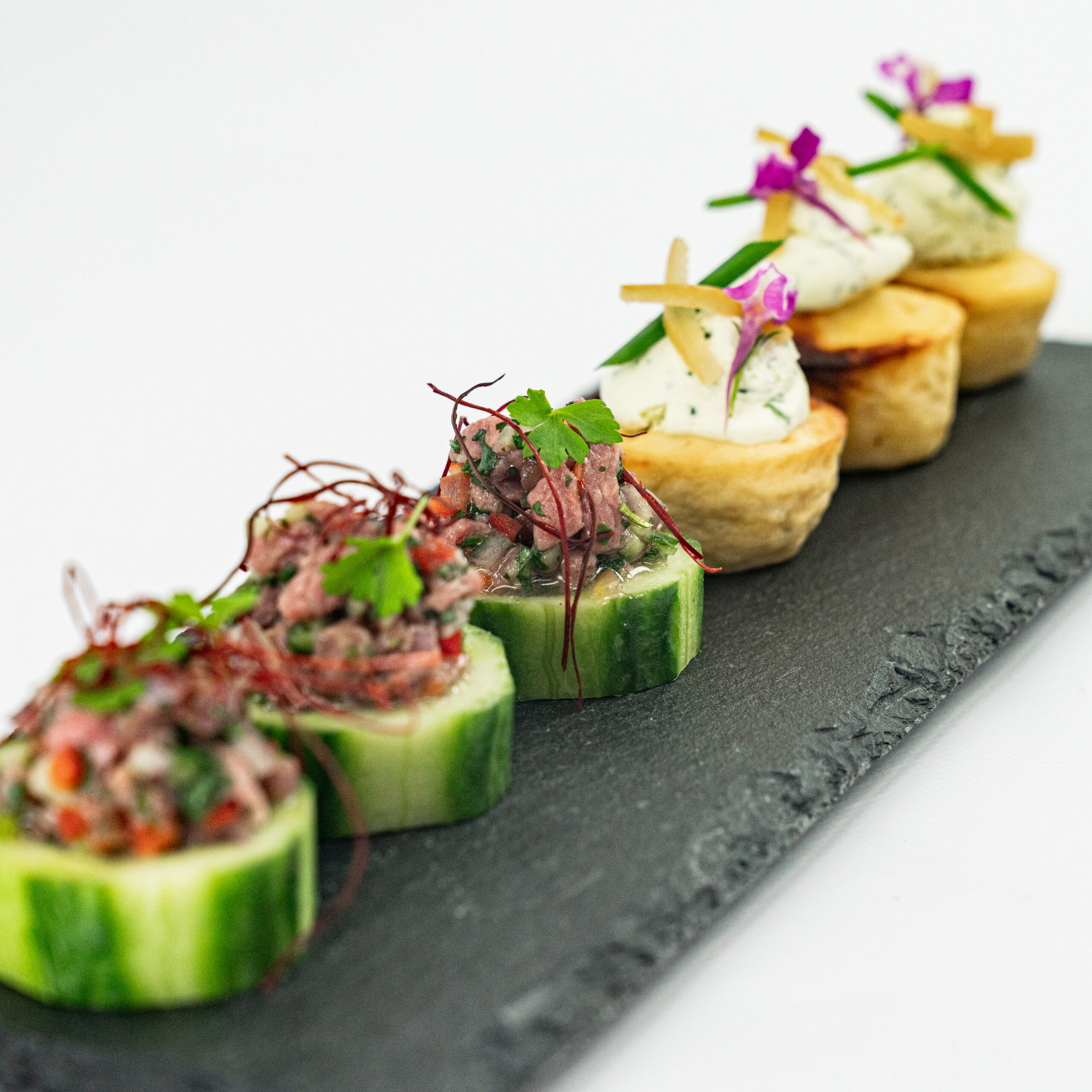 Thai beef salad cucumber disc, kaffir lime, chilli thread, crushed peanuts, baby coriander