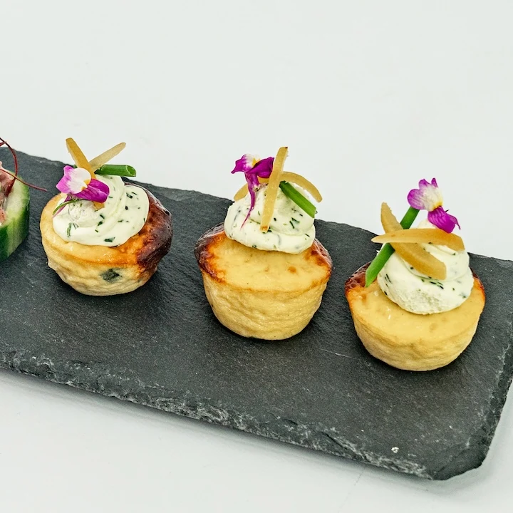Baby Frittata – caramelised onion, herbed cream cheese, preserved lemon, chives