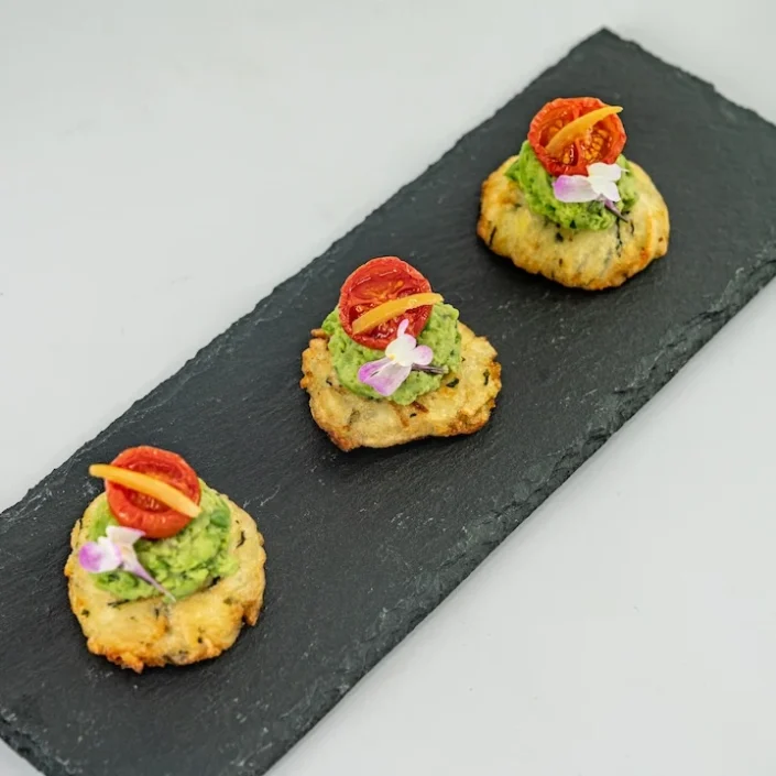Rosti, smashed green pea and mint puree, slow roasted cherry tomato, pickled lemon