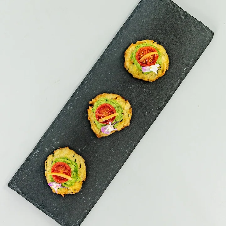 Rosti, smashed green pea and mint puree, slow roasted cherry tomato, pickled lemon