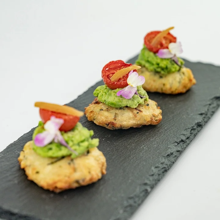 Rosti, smashed green pea and mint puree, slow roasted cherry tomato, pickled lemon