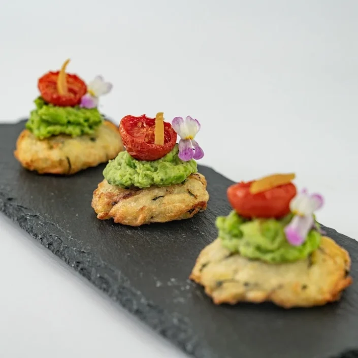 Rosti, smashed green pea and mint puree, slow roasted cherry tomato, pickled lemon