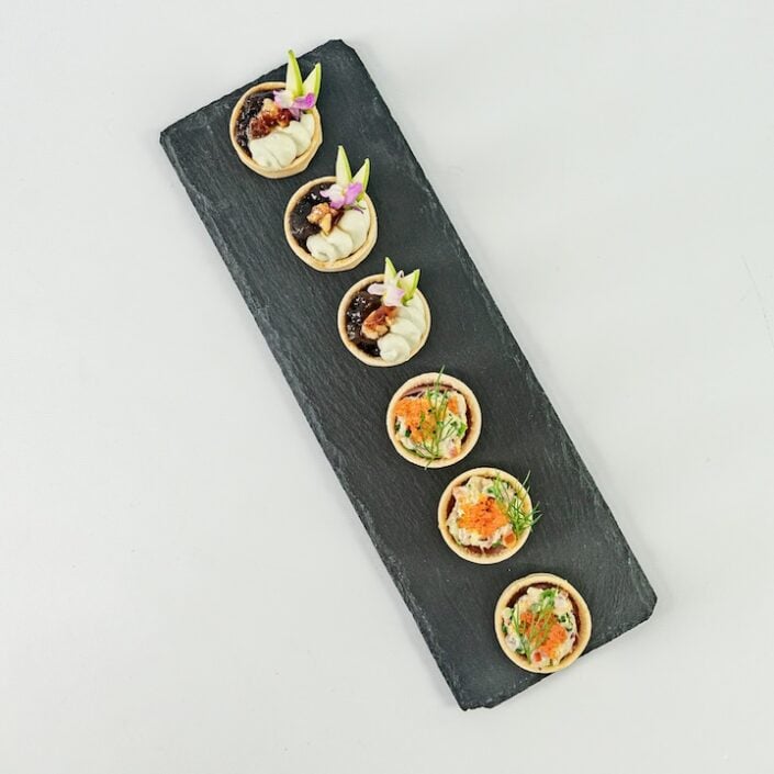 Blue swimmer crab tartlet, caviar pearls, native pickled onion and lemon myrtle mayo