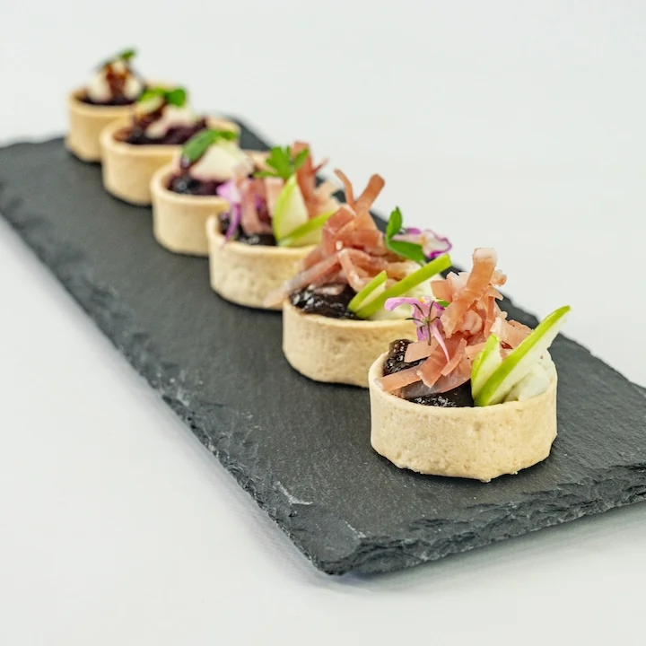 Prosciutto, caramelised onion, gorgonzola cream, fresh apple tartlet