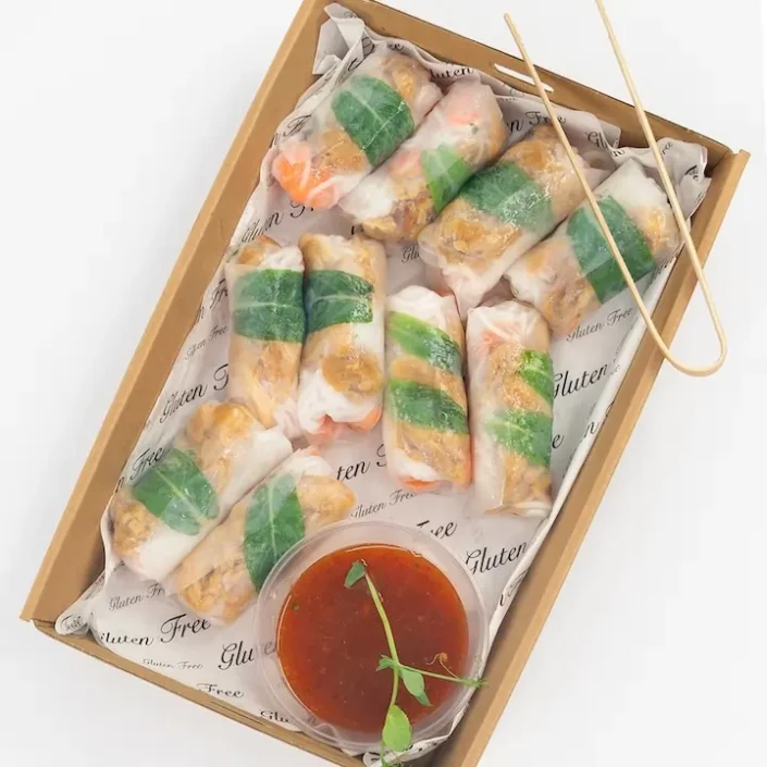 Fragrant lemongrass chicken mini rice paper roll, vermicelli, crunchy vegetable, mint, coriander