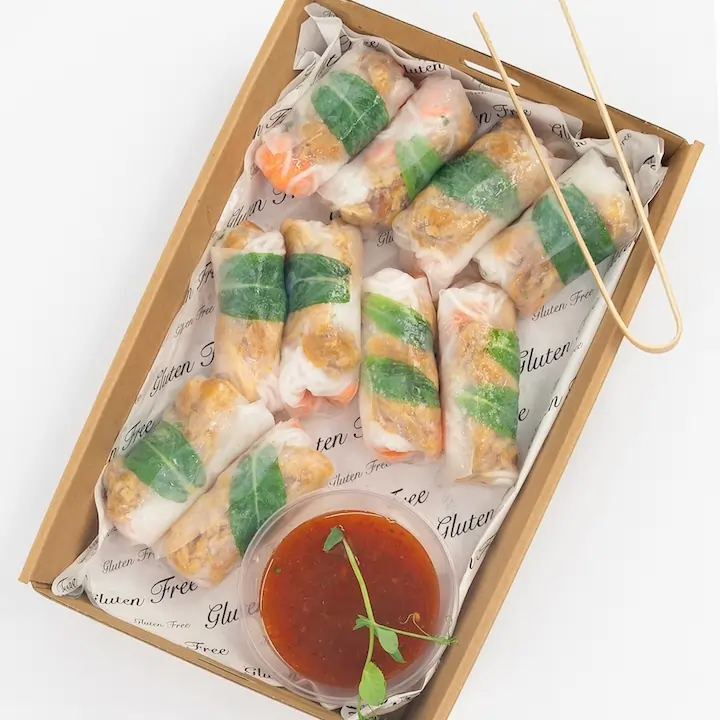 Fragrant lemongrass chicken mini rice paper roll, vermicelli, crunchy vegetable, mint, coriander