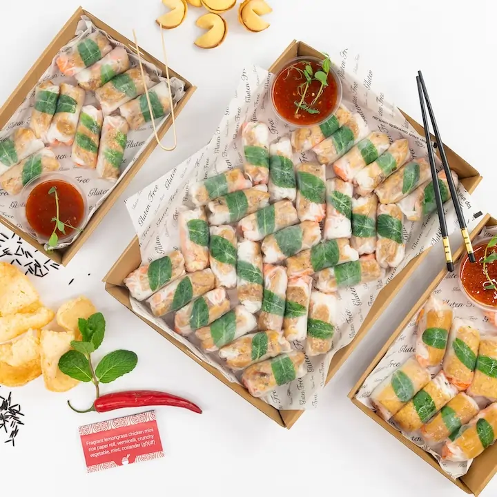 Fragrant lemongrass chicken mini rice paper roll, vermicelli, crunchy vegetable, mint, coriander