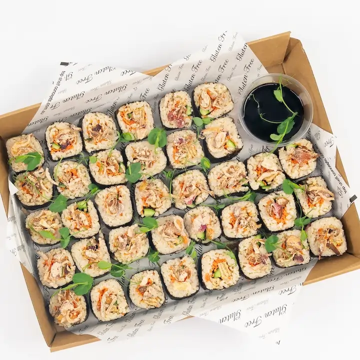 Tofu & vegetable roll, brown rice, seaweed, crisp onions, baby snow pea, soy dipping sauce