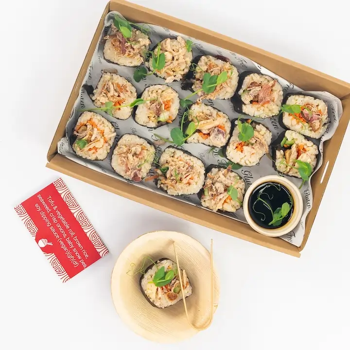 Tofu & vegetable roll, brown rice, seaweed, crisp onions, baby snow pea, soy dipping sauce