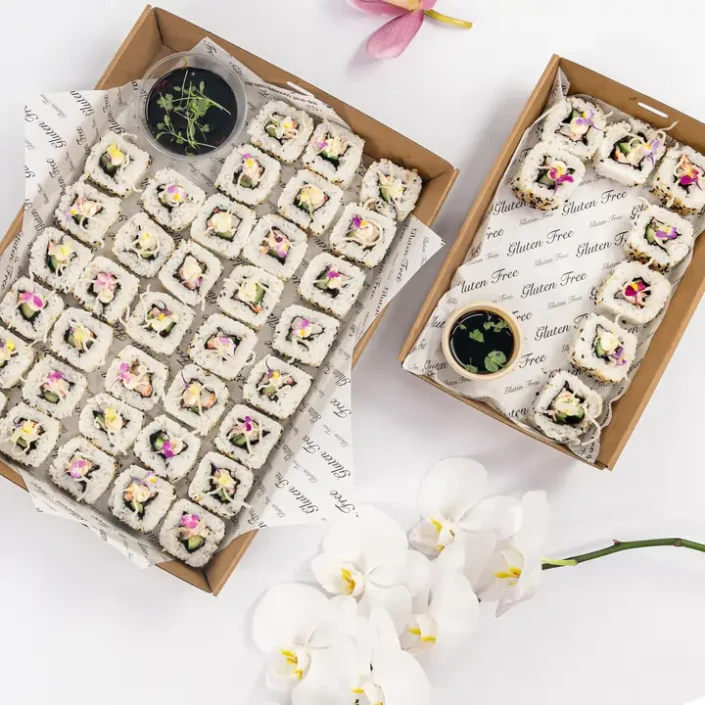 California sushi roll, white rice, poached prawn, avocado, cucumber, creamy mayo, crisp noodle, baby flora, soy dipping sauce