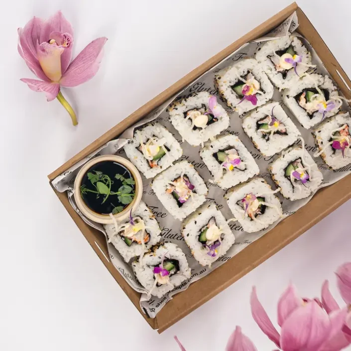 California sushi roll, white rice, poached prawn, avocado, cucumber, creamy mayo, crisp noodle, baby flora, soy dipping sauce