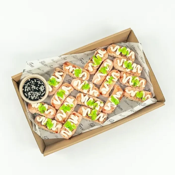 Flame grilled salmon nigiri, teriyaki glaze, wasabi fish roe