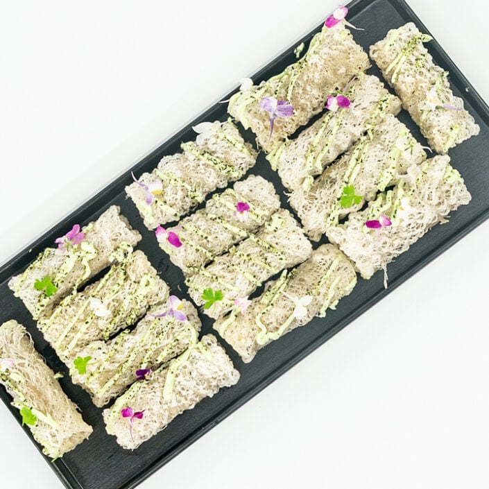 Enoki & spring onion rice net roll, wasabi cream, matcha powder, seaweed
