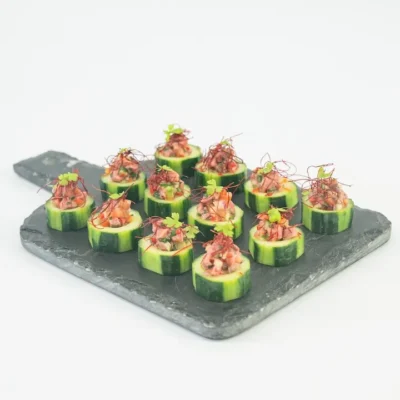 Thai beef salad cucumber disc, kaffir lime, chilli thread, & baby coriander
