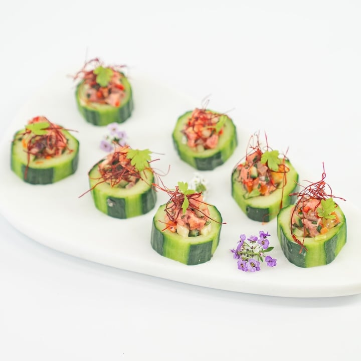 Thai beef salad cucumber disc, kaffir lime, chilli thread, & baby coriander